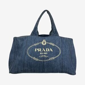 Prada Canapa Denim Logo Tote Bag Blue XL Large Top Handle Milano Italy